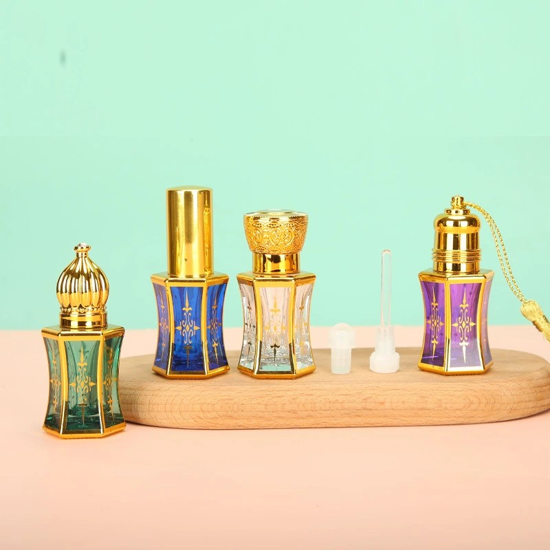 Middle Eastern Electroplated Gold Trim Slim Waist Glass Bottle Portable Perfume Essential Oil Refill Sample Vial