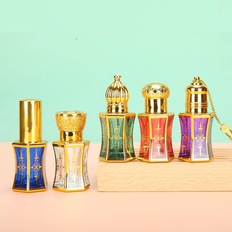 Middle Eastern Electroplated Gold Trim Slim Waist Glass Bottle Portable Perfume Essential Oil Refill Sample Vial