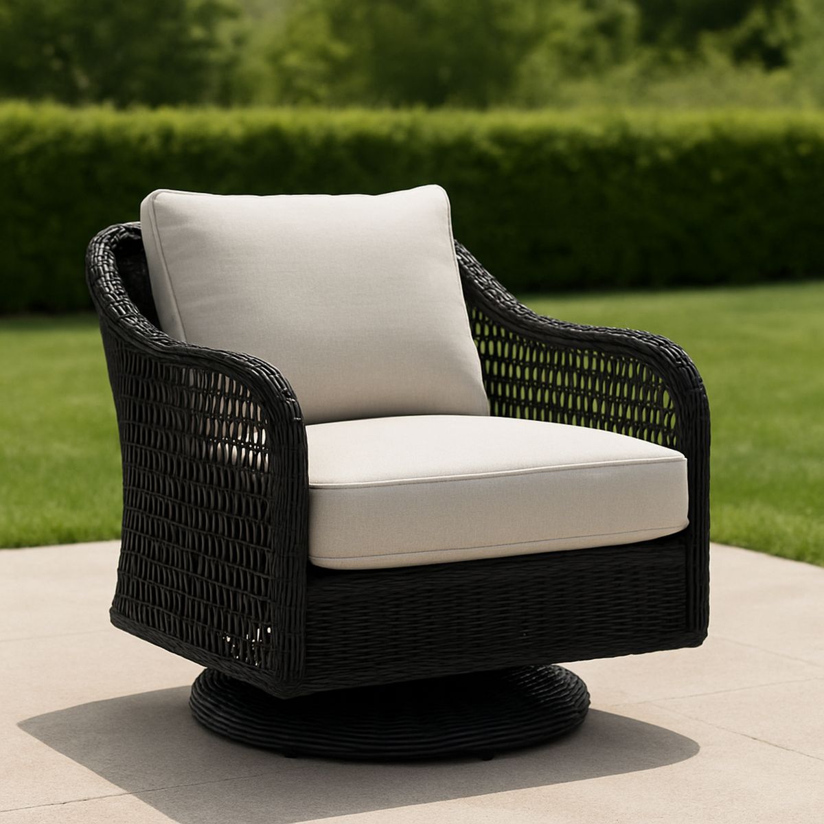 Kültéri forgó karosszék fekete műrattan poliészter párnákkal