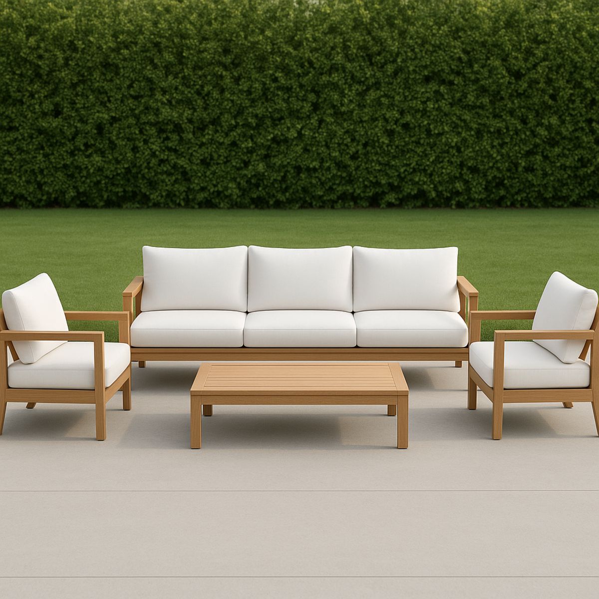 Kültéri fa bútor szett fehér párnázott ülőfelülettel