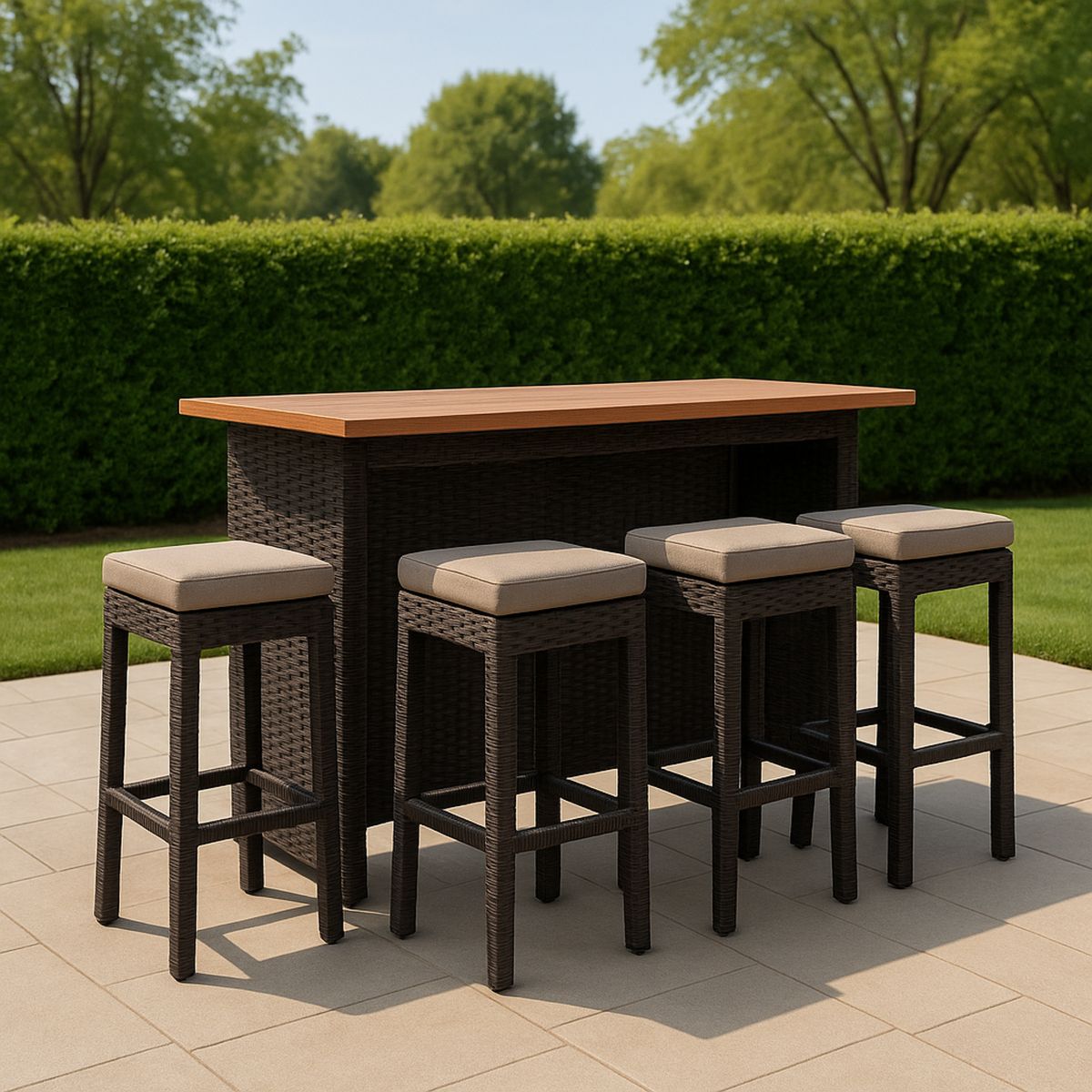 Sötétbarna kerti bárszett fa asztallappal és párnázott bárszékekkel