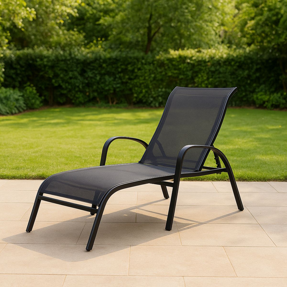 Kerti napozóágy fém váz fekete poliészter hálós 200 cm