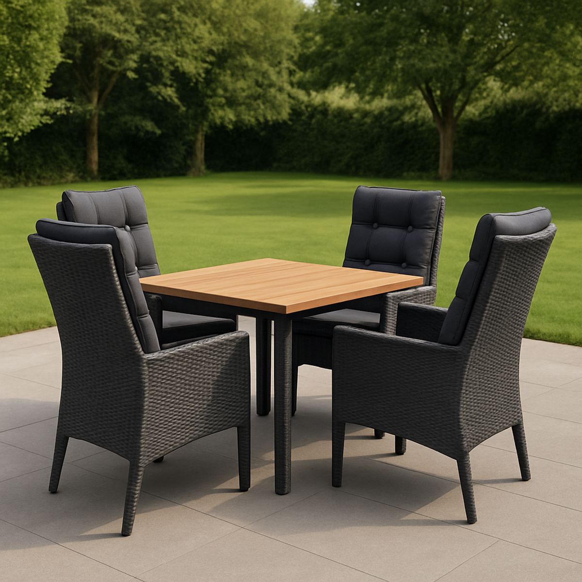 Kültéri fa asztal és rattan székek párnákkal