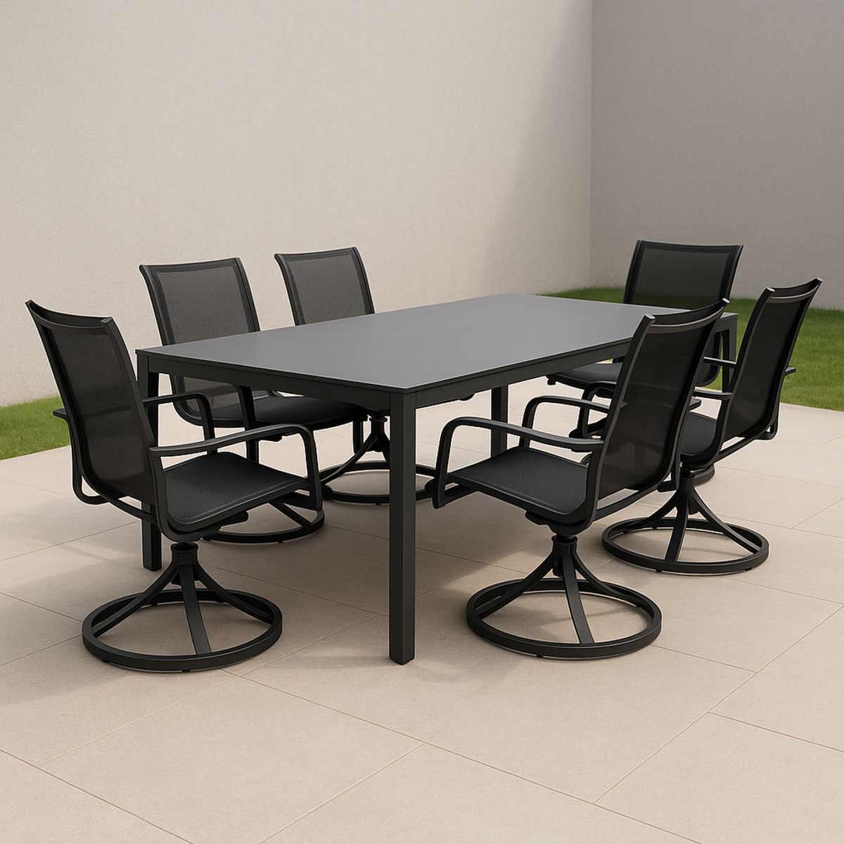 Kültéri étkezőgarnitúra porszórt acél és edzett üveg asztallappal