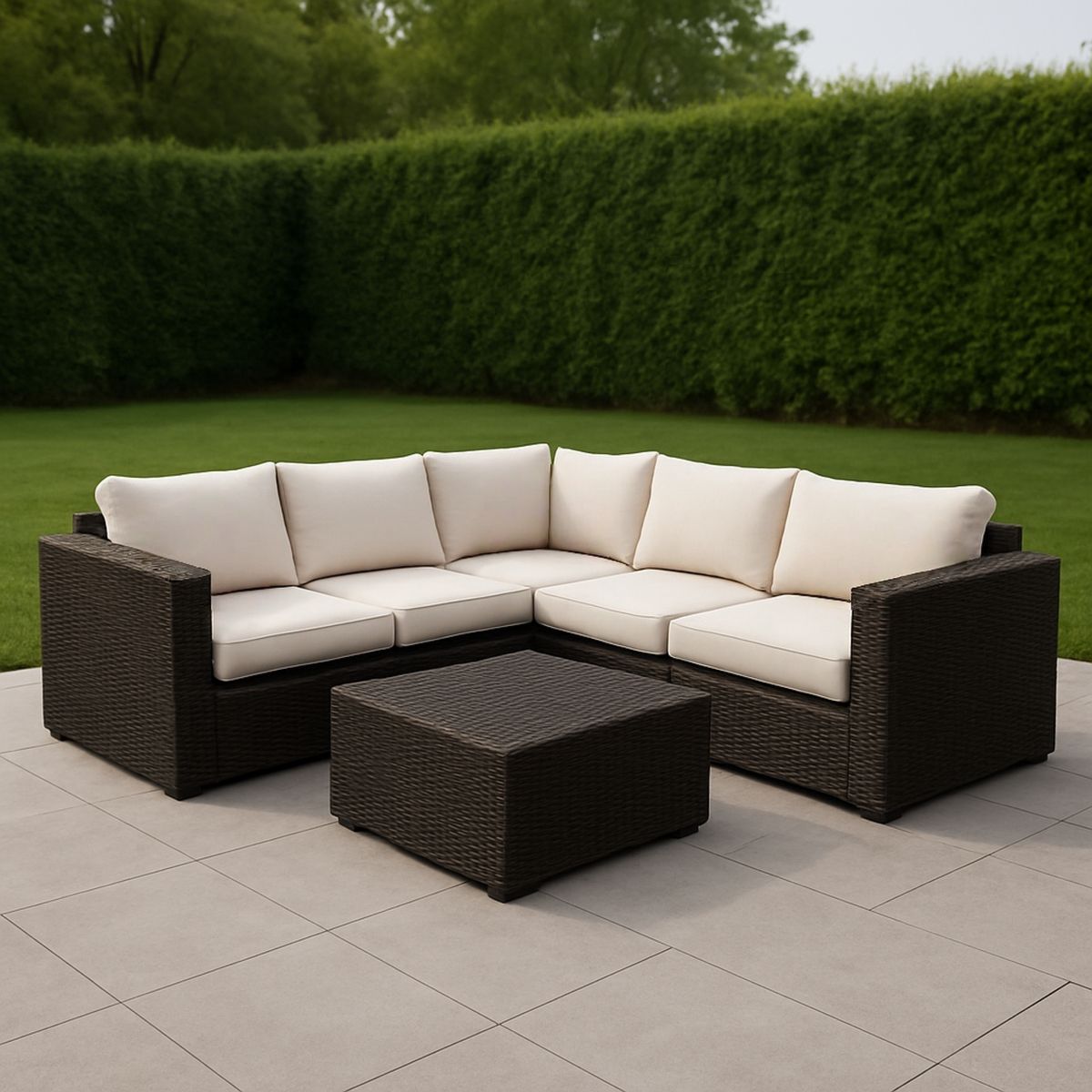 Kerti sarok kanapé szett krémszínű párnákkal és barna polyrattan asztallal