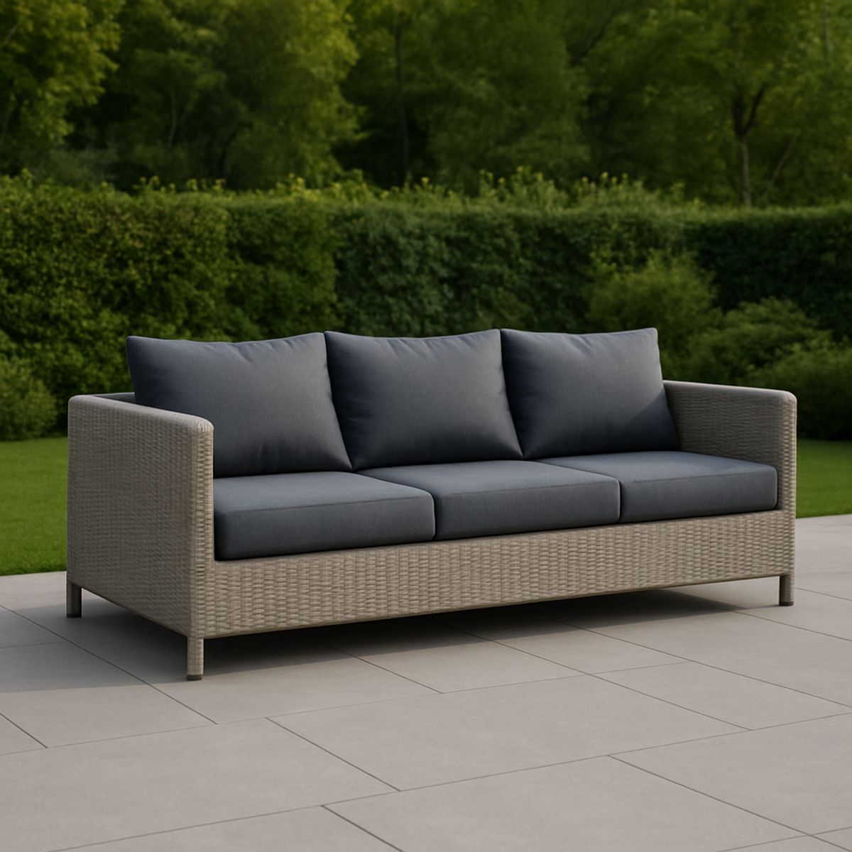 Kültéri acél keretes háromszemélyes fonott kanapé szürke párnákkal