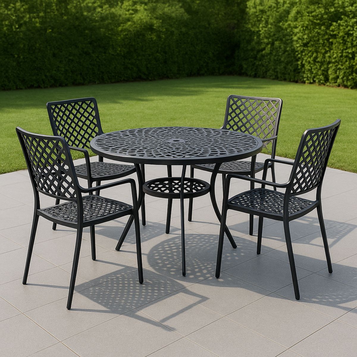 Fekete kerti étkezőbútor szett, amely tartalmaz egy fém kerek asztalt és négy széket
