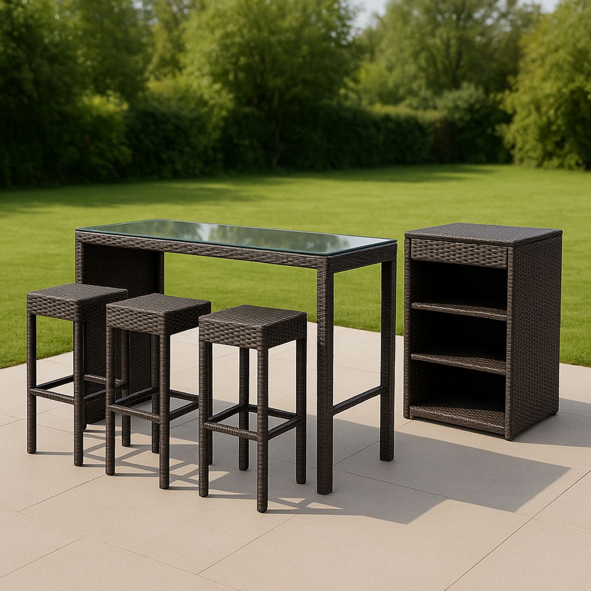 Kerti rattan bárgarnitúra üveglapú asztallal és tárolóval