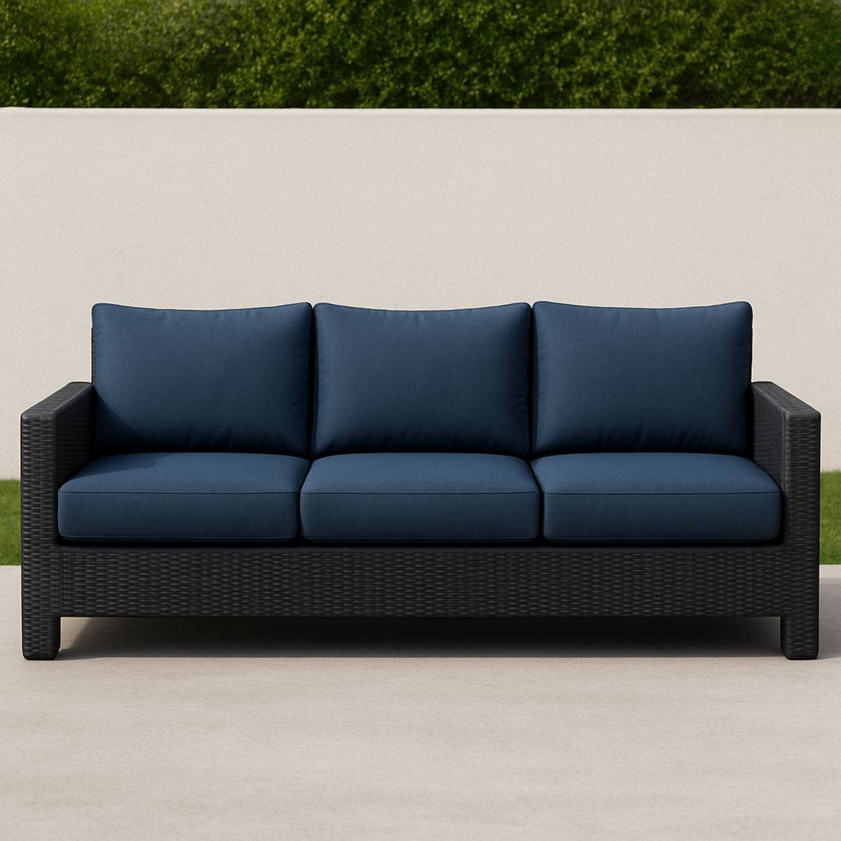 Kerti háromszemélyes kanapé antracit műrattan és sötétkék poliészter párnák