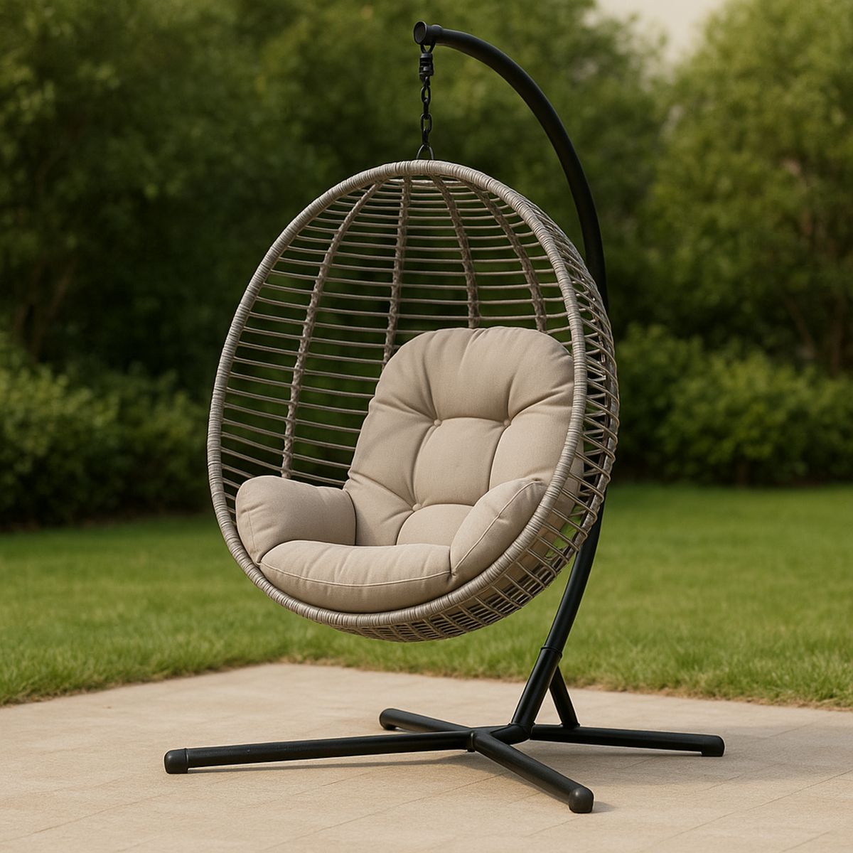 Kültéri rattan függő szék acél vázzal bézs párnával