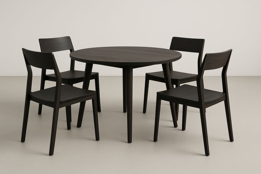 Tömör bükkfa kerek étkezőasztal szett 4 székkel, fekete színben, Ø100×75 cm, vízbázisú lakkozott felülettel-Nidchiari