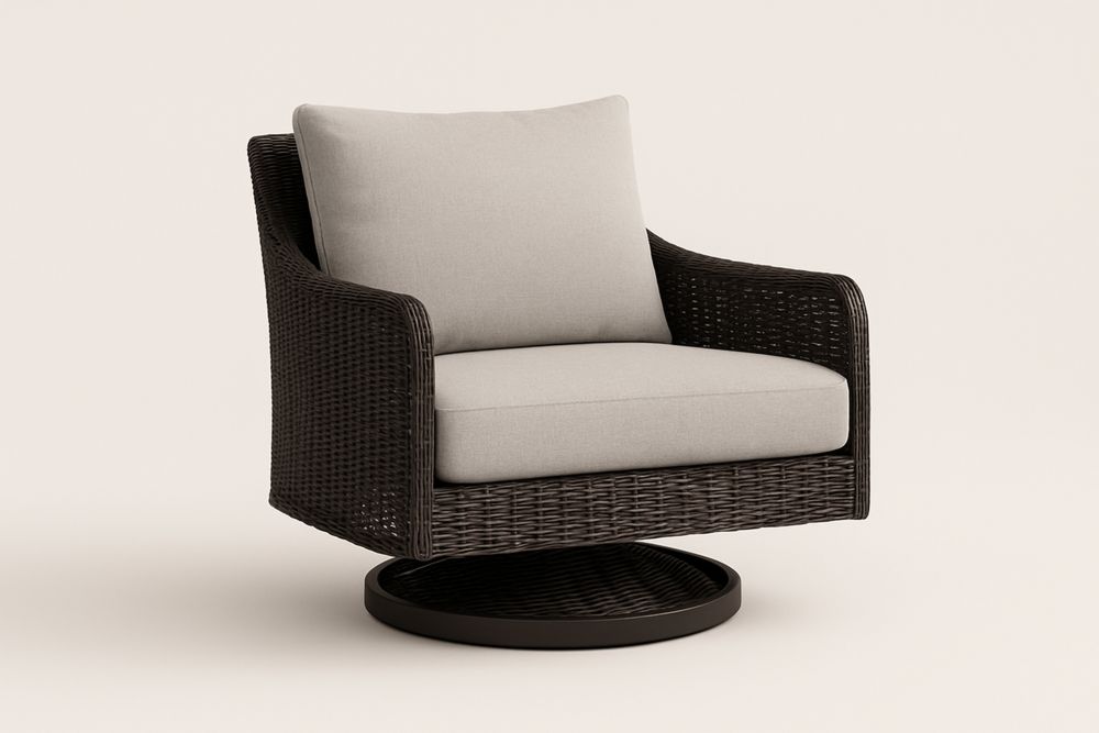 Barna fonott rattan kerti forgatható szék bézs párnával, 80×80×75 cm-Nidchiari