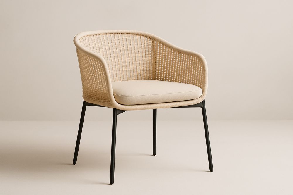 Bézs színű kerti szék porfestett fém vázzal, fonott rattan háttámlával és párnázott textil ülőrésszel, 60×70×75 cm-Nidchiari