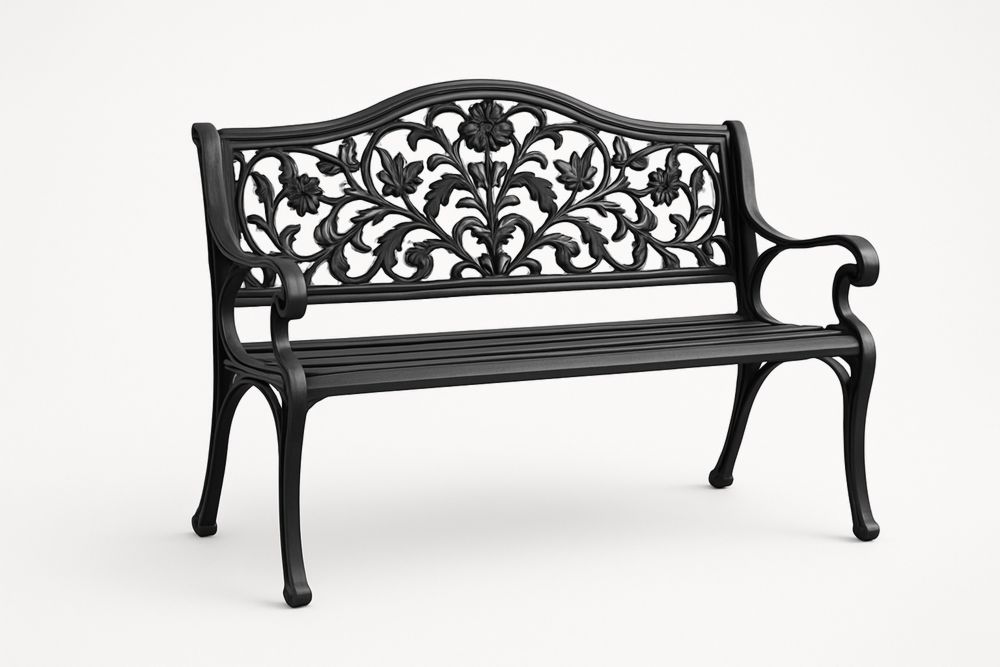 Fekete Öntött Alumínium Kerti Pad Virágmintás Háttámlával-Nidchiari