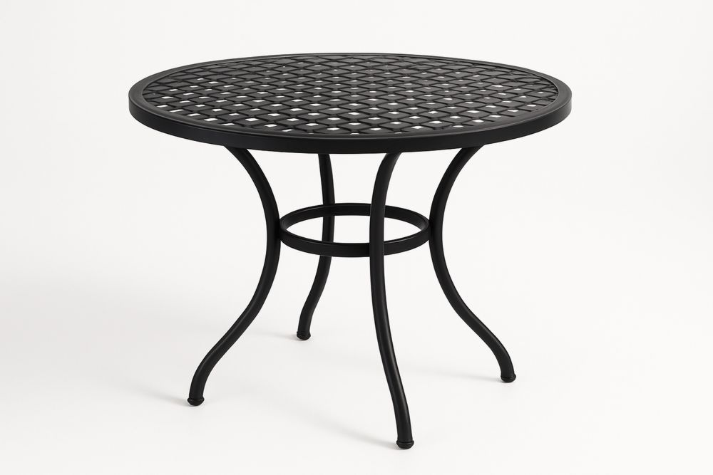 Fekete, porszórt acél kerti asztal, kerek rácsos asztallappal, Ø90×74 cm, részleges összeszerelést igényel-Nidchiari