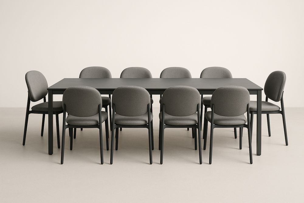 Étkezőasztal és 10 párnázott szék acél kerettel szürke színben-Nidchiari