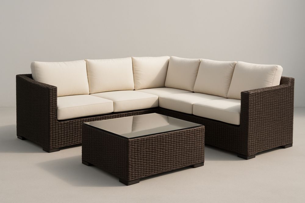 Rattan kerti sarokkanapé szett üvegasztallal, bézs párnákkal-Nidchiari