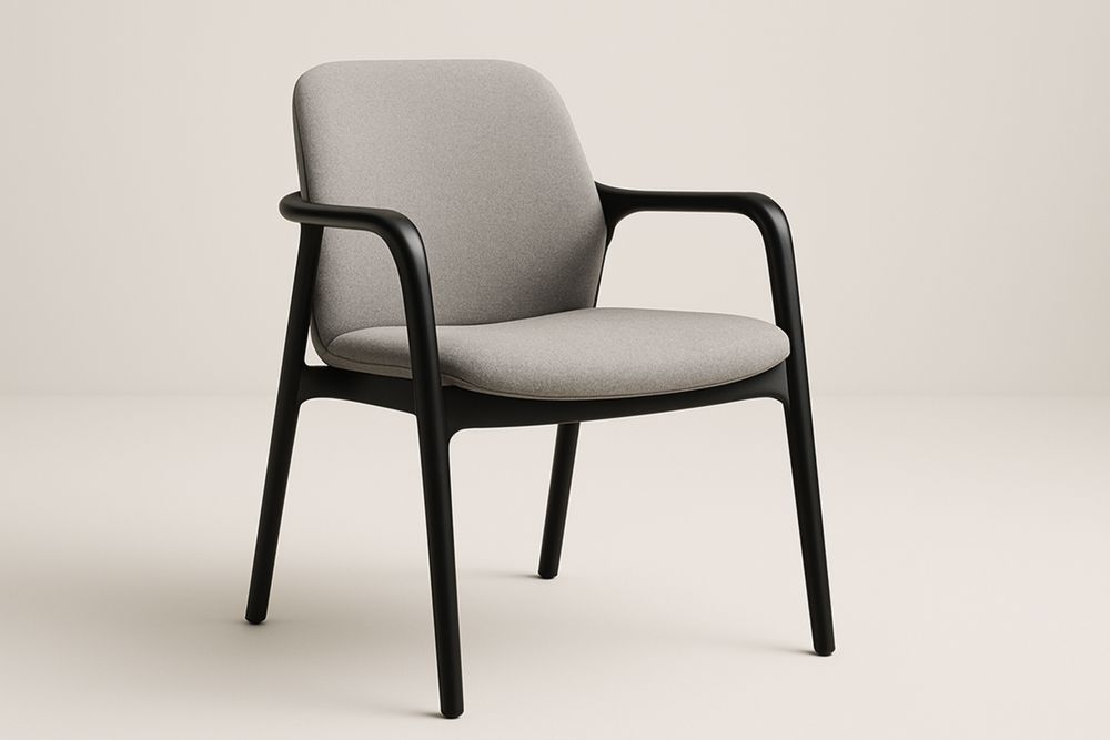 Szürke kárpitozott szék fekete műanyag vázzal és integrált karfával, 60×55×80 cm-Nidchiari