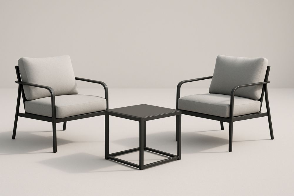 Kerti bútorszett két szék és asztal fém kerettel, szürke kárpittal-Nidchiari