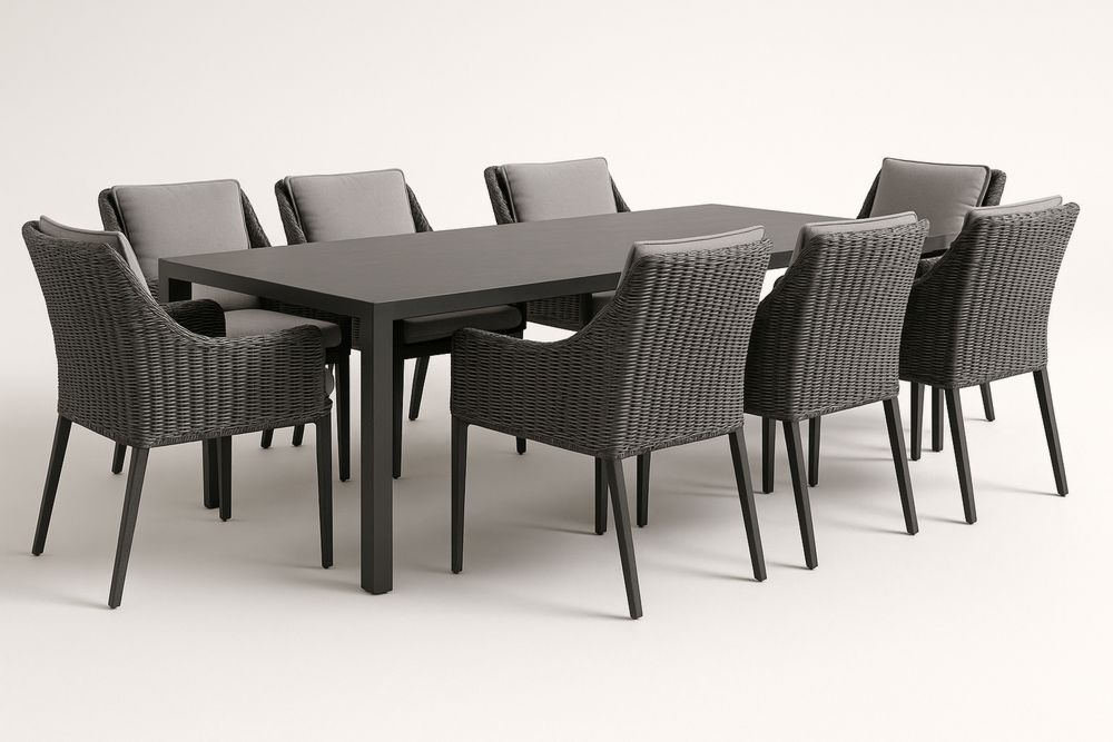 Antracit színű kerti étkezőgarnitúra 8 székkel, acél vázzal, fonott műrattan bevonattal és edzett üveg asztallappal, 200×100×75 cm-Nidchiari