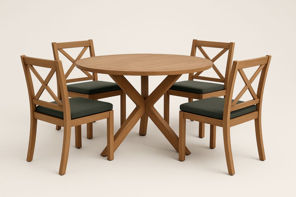 Tömör tölgyfa kerek étkezőasztal szett 4 székkel, természetes tölgy színben, fekete ülőpárnával, 120×75 cm-Nidchiari