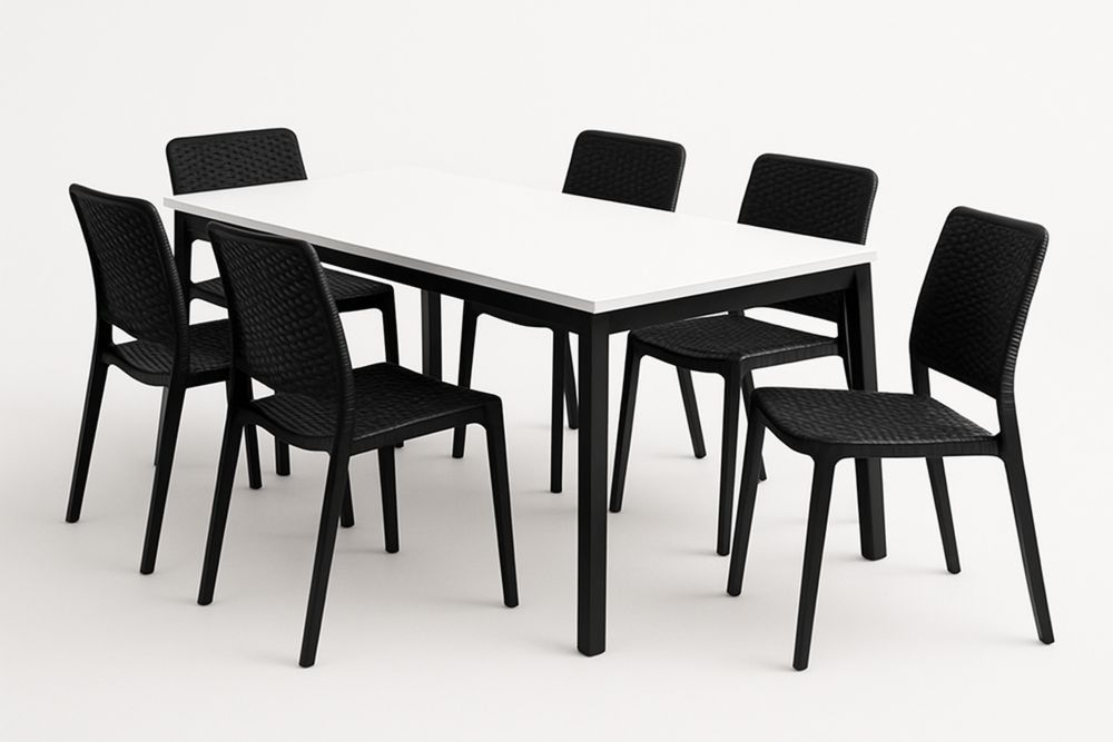 MDF étkezőasztal és 6 mesterséges rattan szék fekete fém lábakkal-Nidchiari