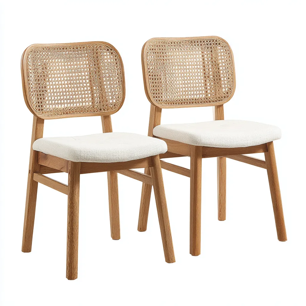 Chaise de salle à manger bois et cannage avec assise tissu 46x55x82 cm - bois naturel et blanc - assise intérieure design naturel-Rarozahome