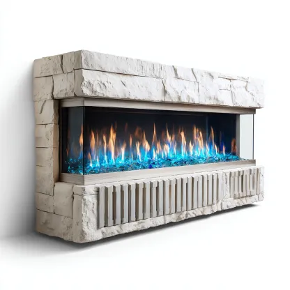 Cheminée électrique habillage pierre et verre 180x45x60 cm - Beige - Style contemporain-Rarozahome