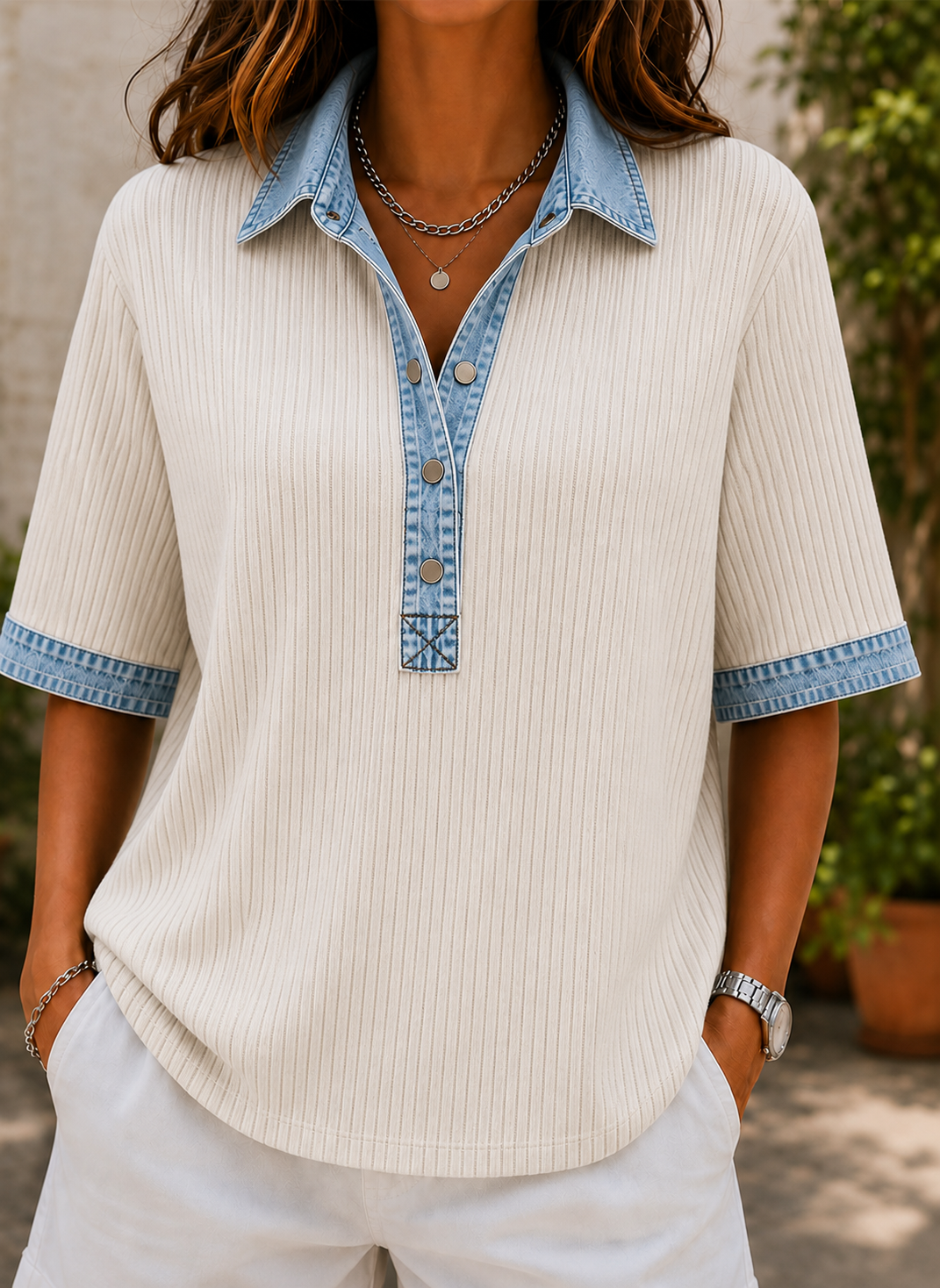 [Copy]🔥Women's Relaxed Denim-Style Button Detail Top