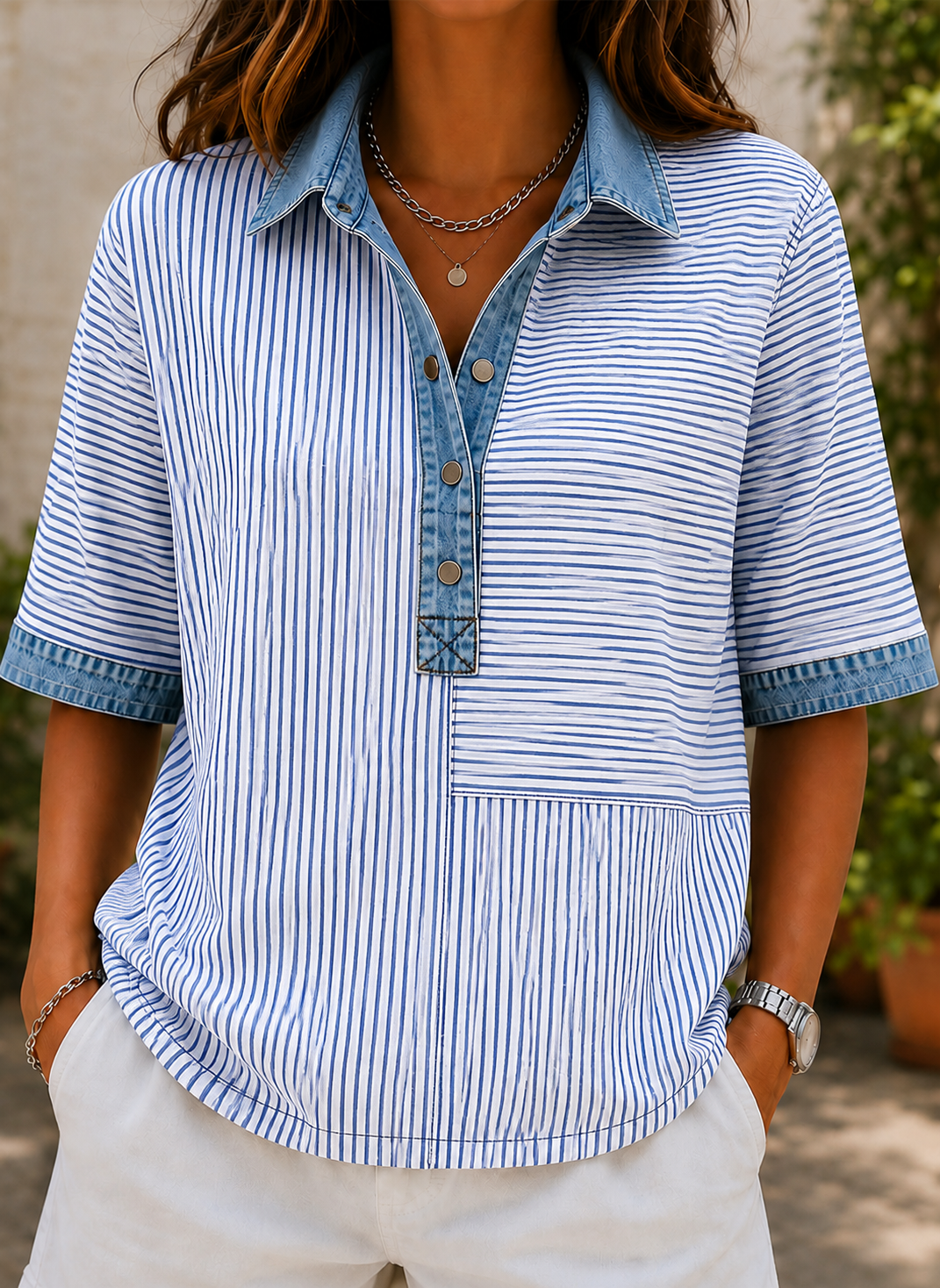 [Copy]🔥Women's Relaxed Denim-Style Button Detail Top