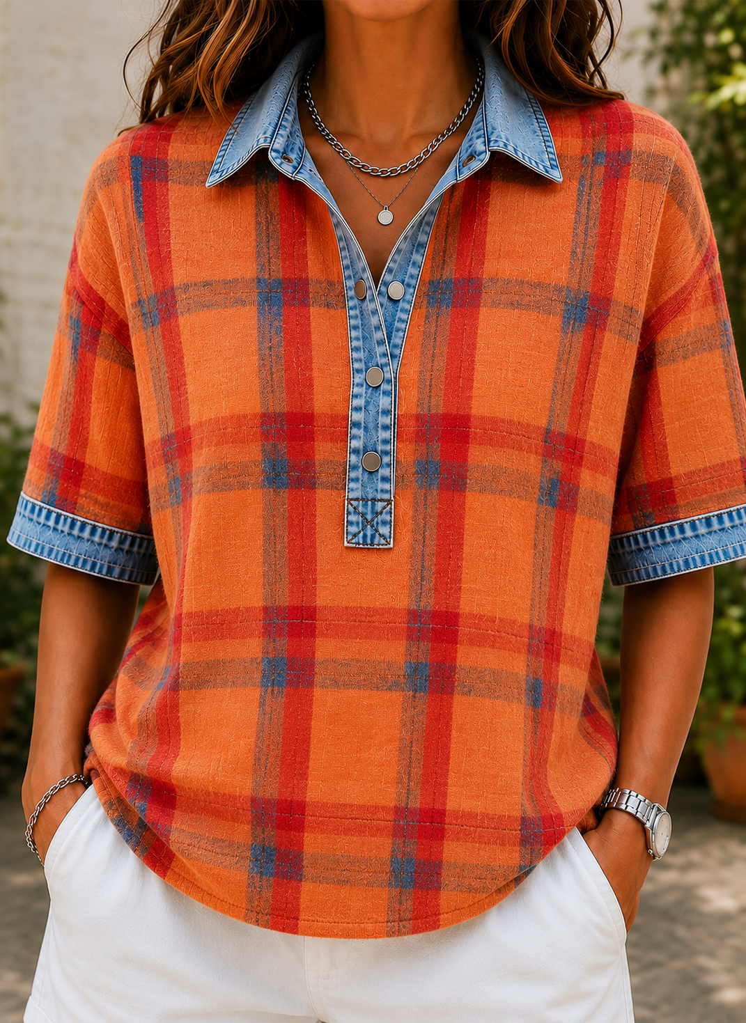 [Copy]🔥Women's Relaxed Denim-Style Button Detail Top