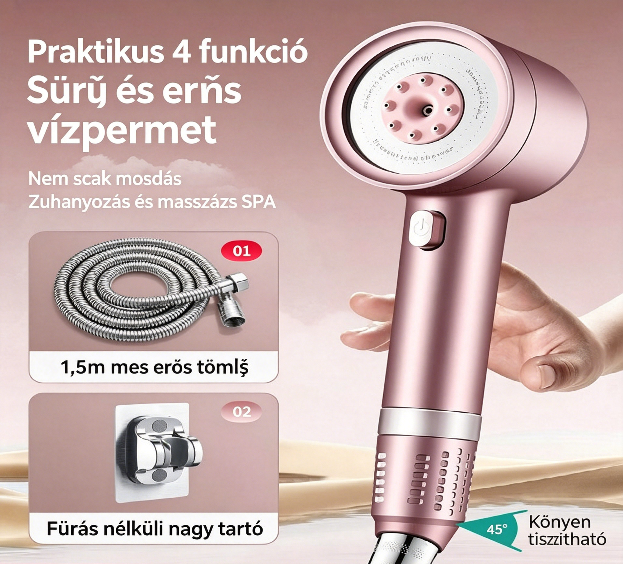 💦 Négy fokozatú nagynyomású zuhanyfej szűrővel – Állítható, víztakarékos  🚿