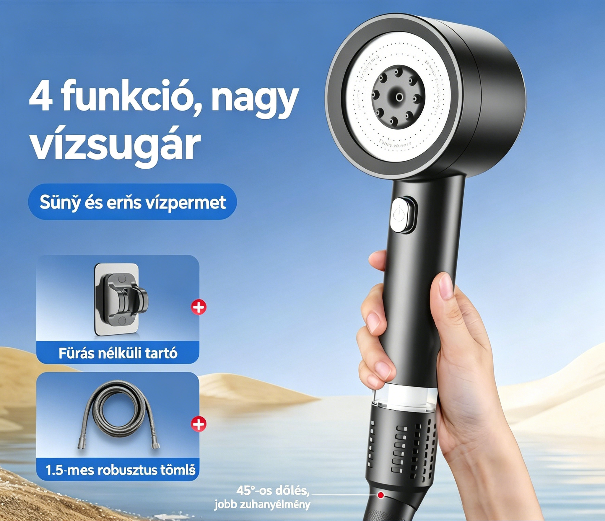 💦 Négy fokozatú nagynyomású zuhanyfej szűrővel – Állítható, víztakarékos  🚿