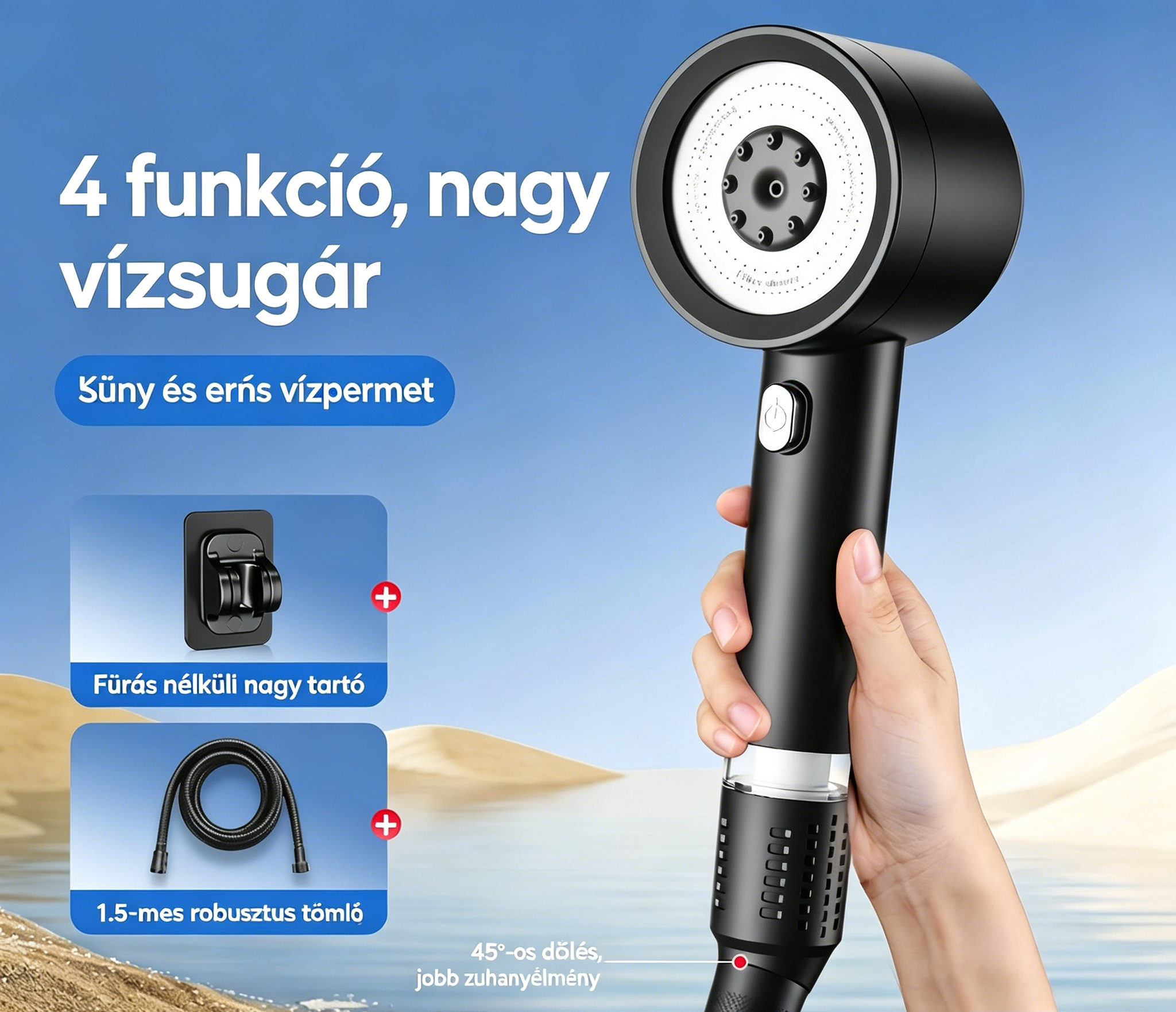 💦 Négy fokozatú nagynyomású zuhanyfej szűrővel – Állítható, víztakarékos  🚿