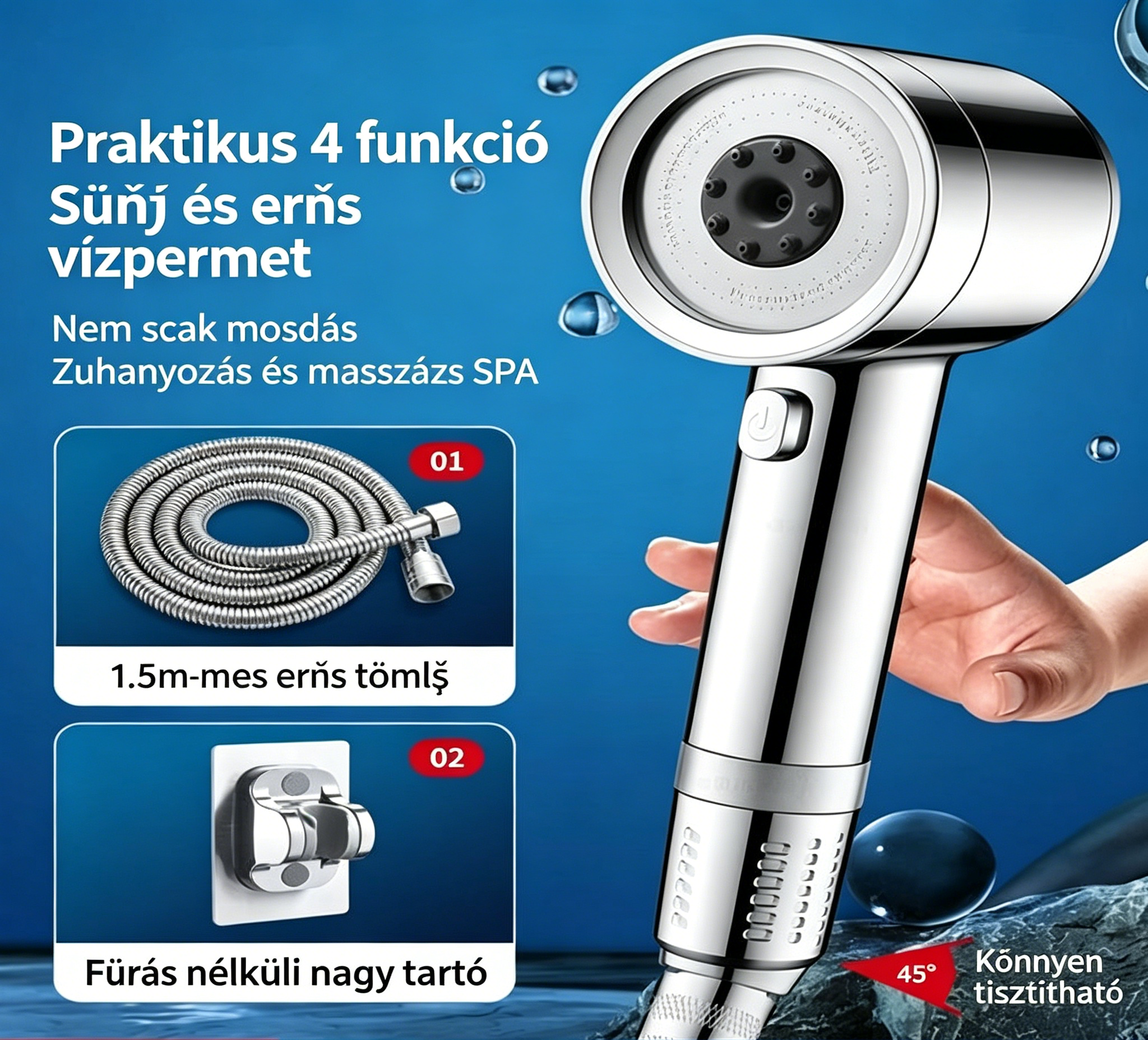 💦 Négy fokozatú nagynyomású zuhanyfej szűrővel – Állítható, víztakarékos  🚿