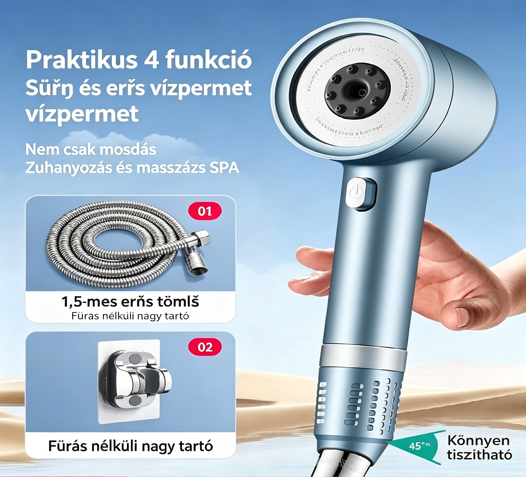 💦 Négy fokozatú nagynyomású zuhanyfej szűrővel – Állítható, víztakarékos  🚿
