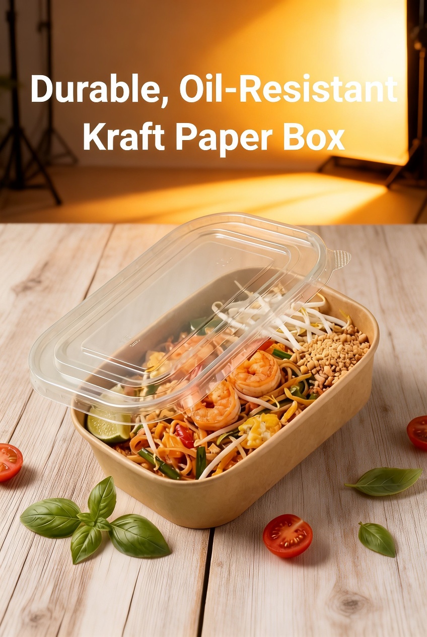 Rectangular kraft lunch box filled with salad