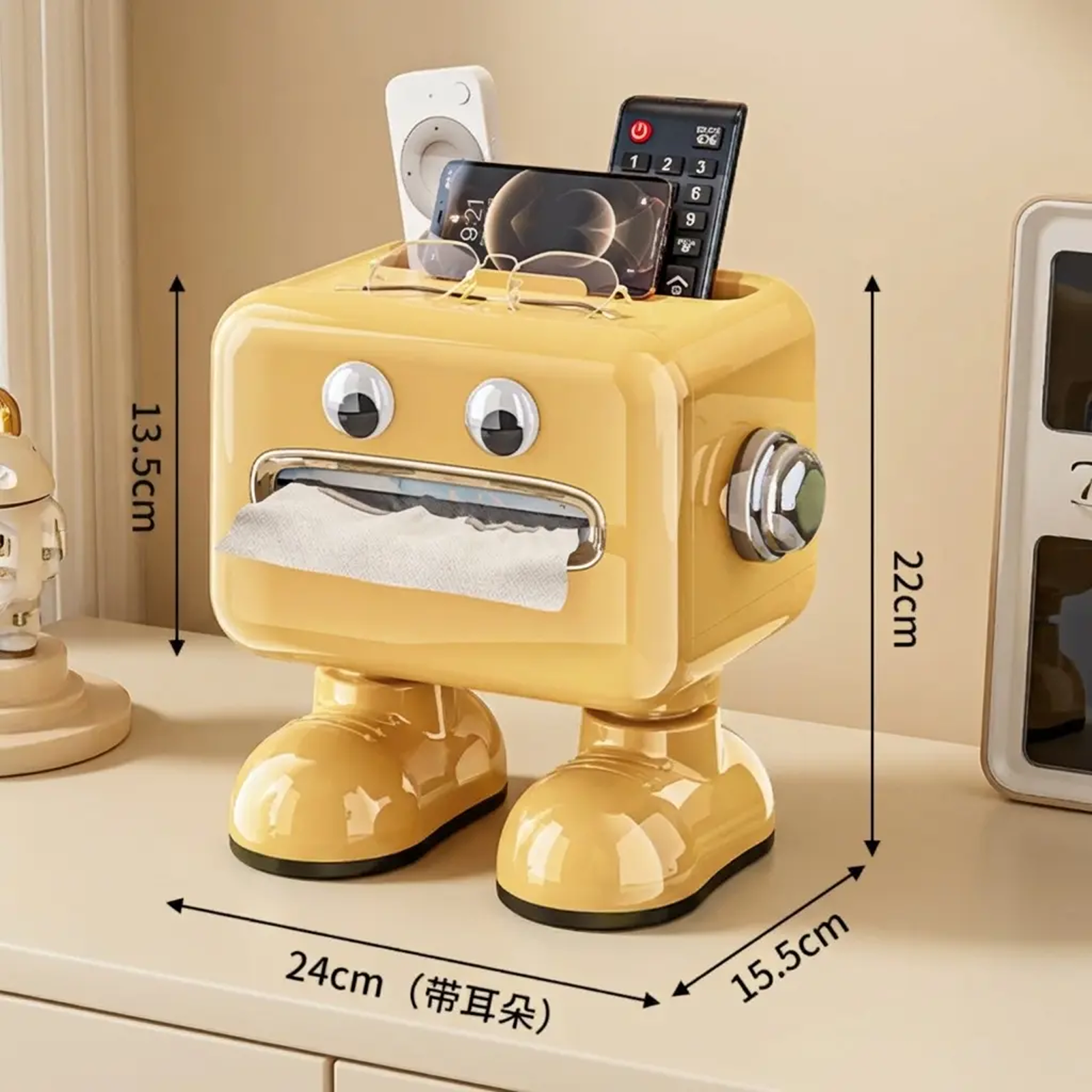 White desktop tissue box with accessories