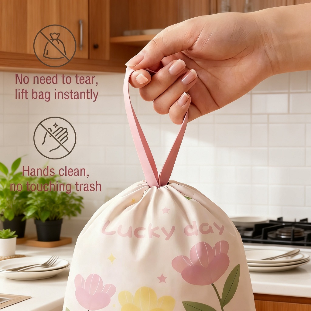 User tying tulip drawstring on thickened garbage bag