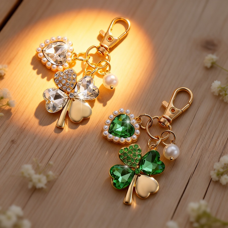 Detailed view of clover pendant and keyring