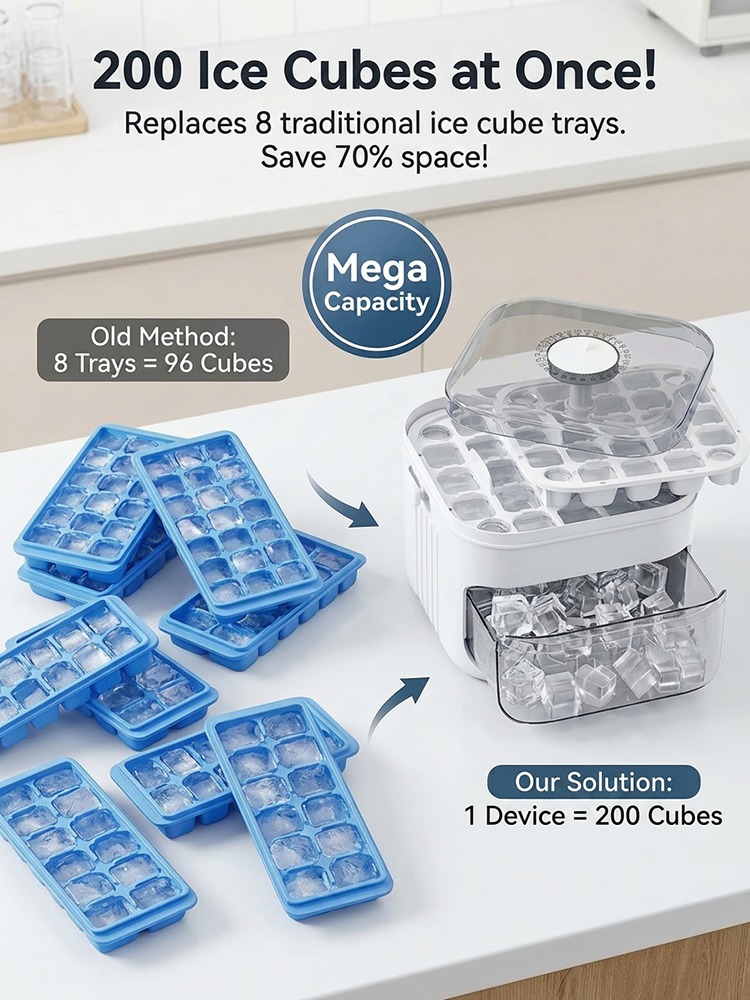 🧊 Press Release Ice Cube Maker Box | 200 Cubes Capacity | One Touch Release | Free Scoop Included | Party Essential 🧊