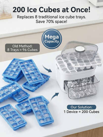 🧊 Press Release Ice Cube Maker Box | 200 Cubes Capacity | One Touch Release | Free Scoop Included | Party Essential 🧊