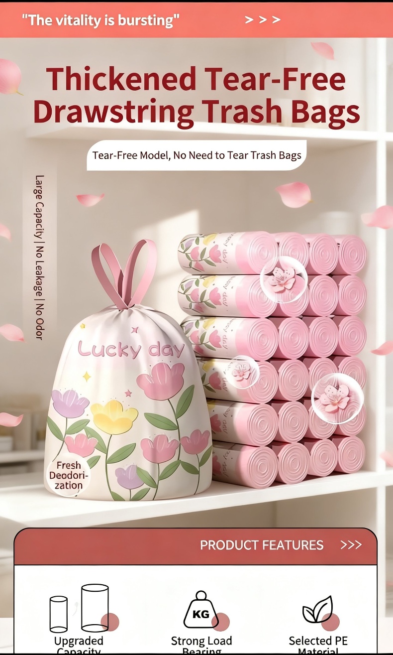 Strong and durable tulip drawstring garbage bags in use
