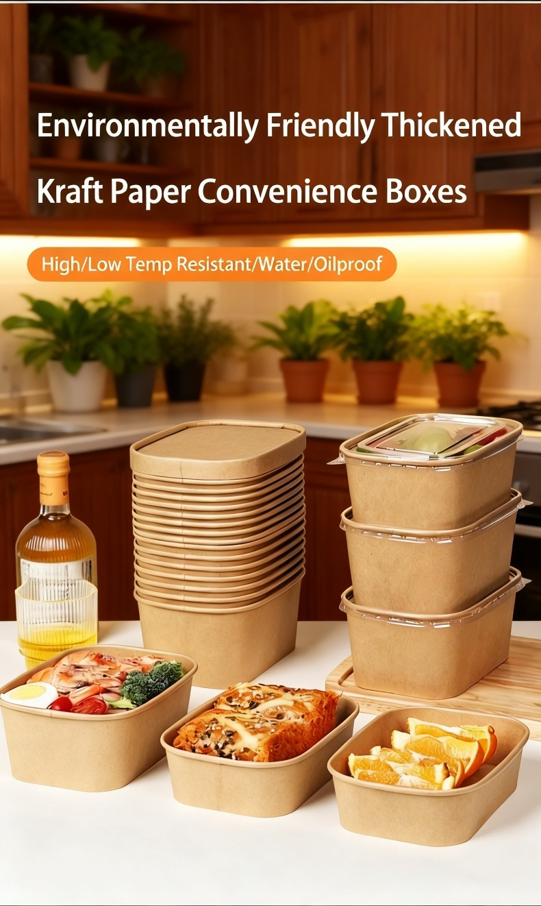 Disposable kraft paper rectangular takeout lunch box with lid