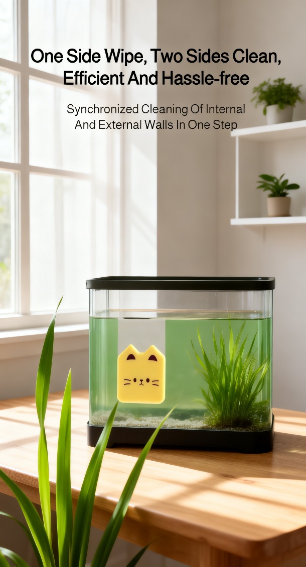 Close-up of magnetic fish tank cleaning brush removing algae