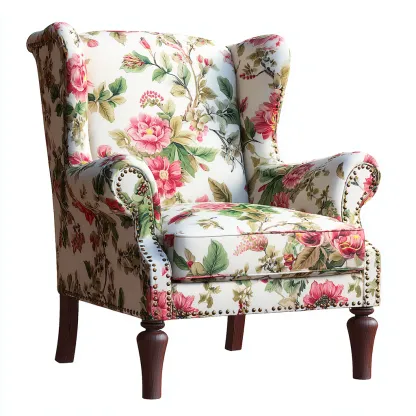 Fauteuil revêtement textile à motif floral et pieds bois 72x82x98 cm - blanc et multicolore - assise intérieure style classique-Faviadwell