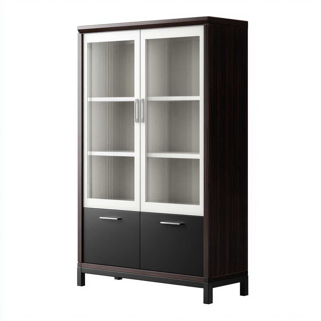 Vitrine en bois et verre 90x45x185 cm - brun foncé et noir - style contemporain-Faviadwell