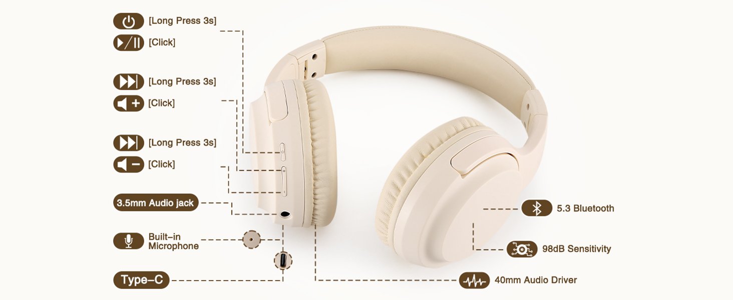Bluetooth Headphone, Lightweight Beige Cream Headset, Wireless Headphones for School