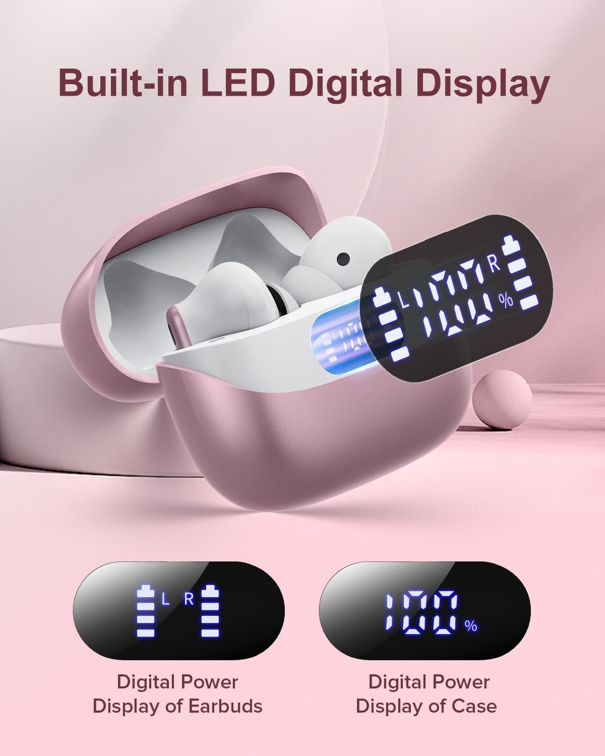 HiFi Stereo Call Noise Cancelling, IPX7 Waterproof Stereo In-Ear Headphones with LED Display