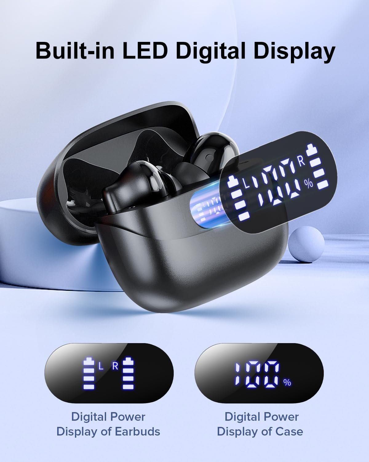 HiFi Stereo Call Noise Cancelling, IPX7 Waterproof Stereo In-Ear Headphones with LED Display